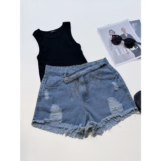Conjunto 2pcs kit cropped top e short jeans com de strass pedras brilhoso sem lycra simples bolso cintura alta