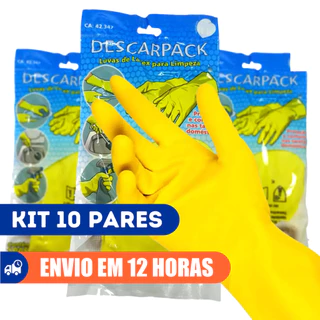 Luva de Limpeza Látex Kit 10 Pares Amarela Antiderrapante Descarpack