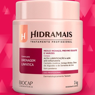 Creme Hidramais Drenagem Linfática 1kg Massagem Corporal Reduz Celulite Redução de Medidas Varizes Tonificador com Ação Anti-inflamatória Para Corpo Uso Profissional em Gel Sem Parabenos Hipoalergênico Pote Lacrado Original