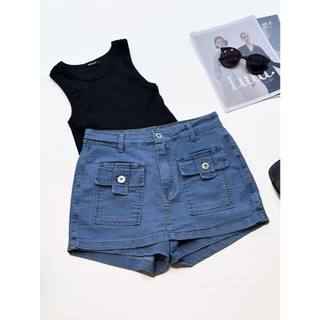 Conjunto 2pcs kit cropped top e short saia jeans cargo com lycra botão simples bolso cintura alta