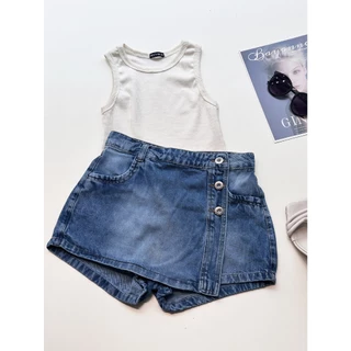Conjunto 2pcs kit cropped top e short saia jeans assimétrico botão sem lycra simples bolso cintura alta