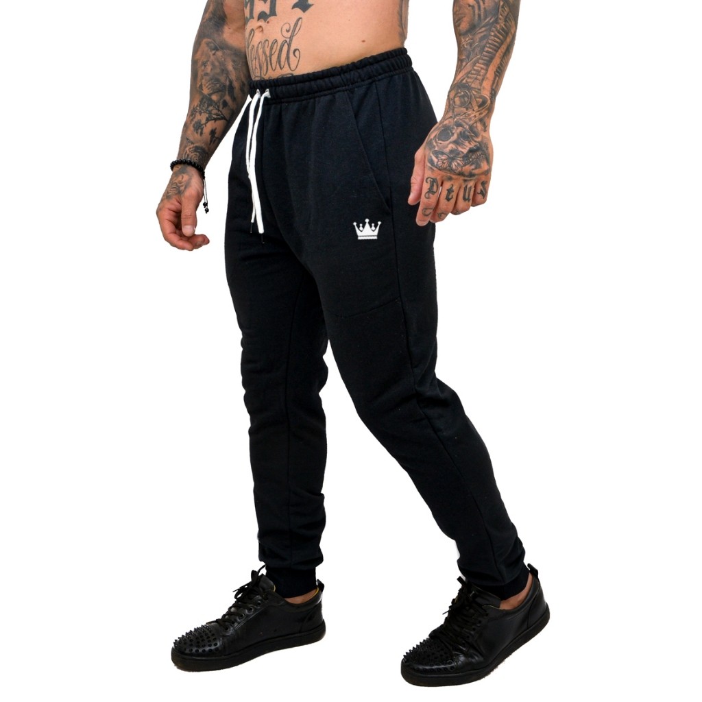 Calça Moletom Masculina Skinny Peluciada Academia Bolsos e Punho Lançamento Promoção Preta Cordão Coloridos