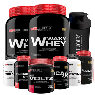 Kit 2x Waxy Whey 900g + 2x Creatina 100g + Bcaa 100g + Glutamina 100g + Thermo 100 Cáps + Voltz + Coq - Bodybuilders