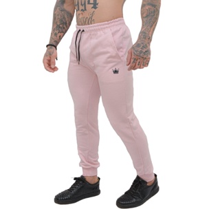 Calça Moletom Masculina Skinny Peluciada Academia Bolsos e Punho Lançamento Promoção Rosa Coroa