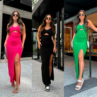 Vestido Aurora - Longo com Fenda Alça e Decote na Barriga Feminino Anarruga Vestido Zero Transparencia Combinando Look Festa Balada
