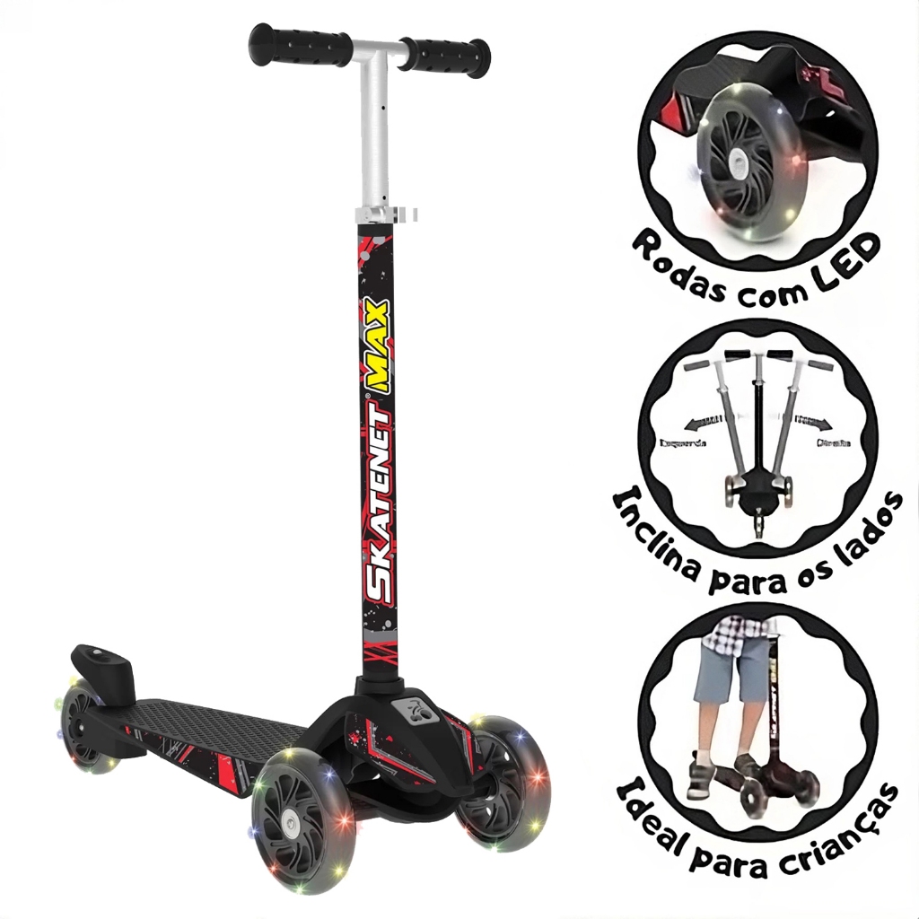 Patinete Skatenet Bandeirante Led 3 Rodas Criança +2 Anos 120kg