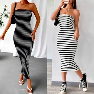 Vestido Tomara Que Caia Reto Midi Bicolor Listrado Anarruga Feminino Canelado Bem Luxuoso Longo Curto Vestidos Fenda
