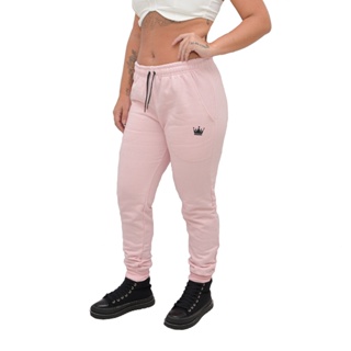 Calça Moletom Feminina Skinny Peluciada Academia Bolsos e Punho Lançamento Promoção Rosa Coroa