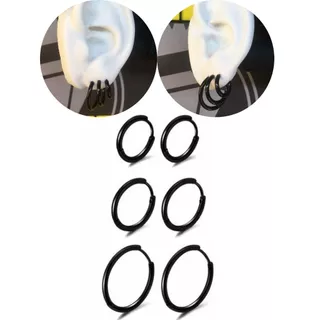 Kit Trio Brinco Argola Preto Lisa Básica Fina Masculino Feminino Hip Hop Antialérgico 10,14,18mm Aço Inox
