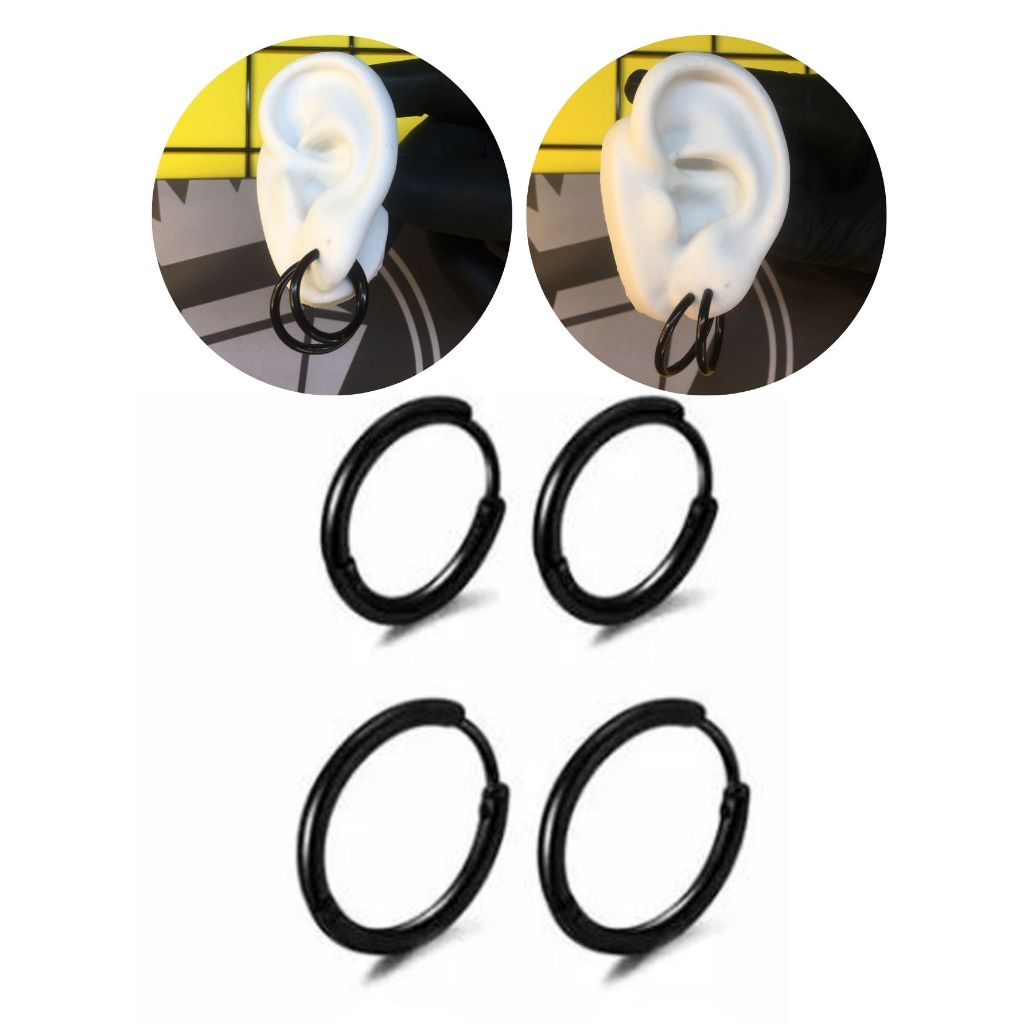 Kit Brinco Argola Preto Lisa Básica Fina Masculino Feminino Hip Hop Antialérgico 18,20mm Aço Inox