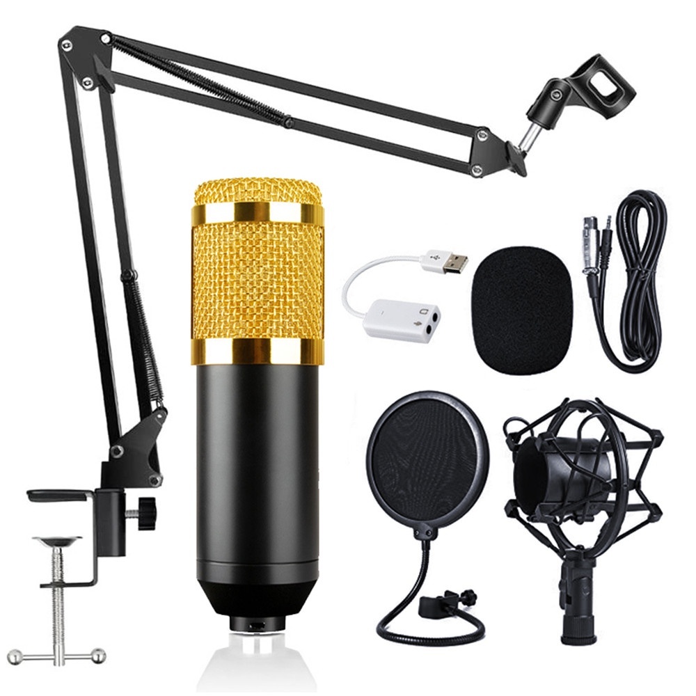 Kit Microfone Profissional Completo Bm800 Dourado com Pop Filter Aranha Braço Articulado