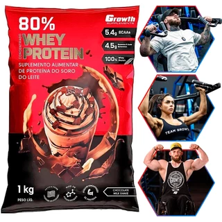 Whey Protein De Chocolate Milkshake 80% Proteína Concentrado 1Kg Growth Original