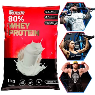 Whey Protein Leite Em Pó 80% Proteína Concentrado 1Kg Growth Suplementos Original