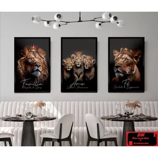 Quadros Leão Rei Familia Decorativo com Frase Filhotes 3 Peças 120x60 cm