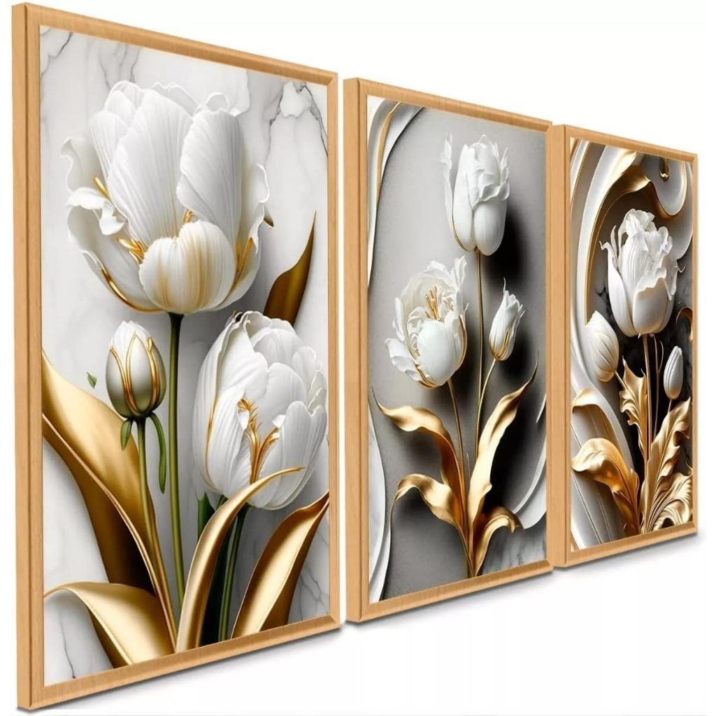 Quadro Decorativo Flor Tulipa Branca Dourada Ouro Trio 3 Peças 120x60 top