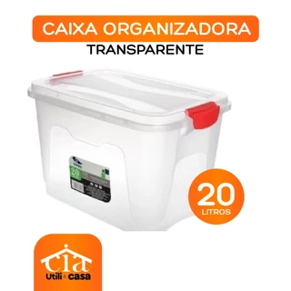 Caixa Organizadora 20 Lt Litros C/ Tampa Trava Alça Organizador Transparente