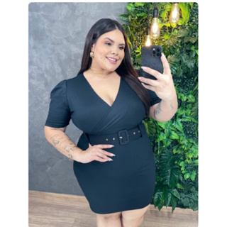 vestido plus size transpassado com cinto malha canelada 46 ao 52
