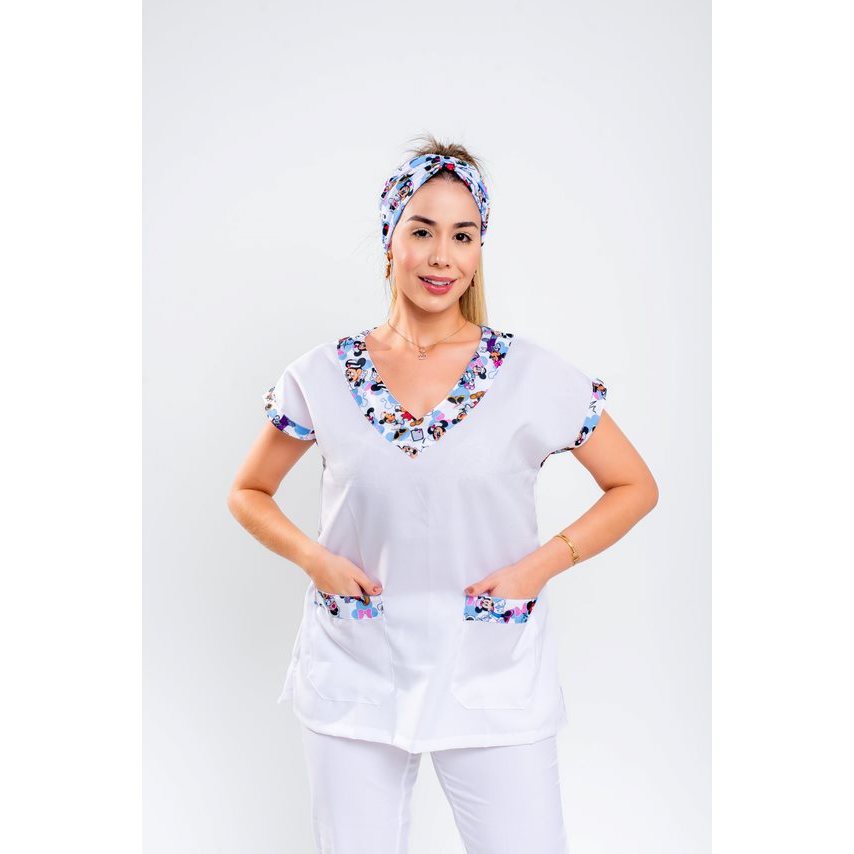 Blusa feminina Bata Scrub detalhe estampado VARIAS ESTAMPAS para enfermagem, veterinária, cuidadora, medicina, area da saude