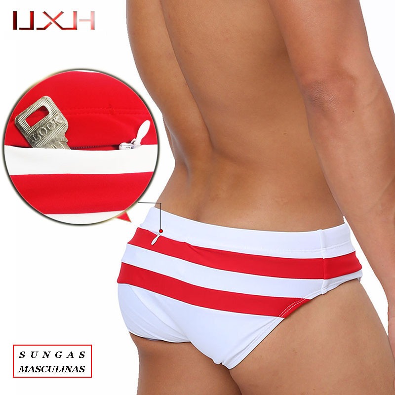 UXH Sungas Masculinas Cuecas Cavadas Briefs listra Bolso Traseiro Com Zipper Apertado Biquíni UDL112