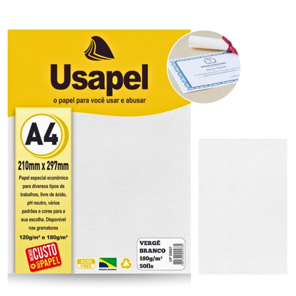 Papel Para Certificado Vergê A4 180g 50 Folhas Cor Branco Para 