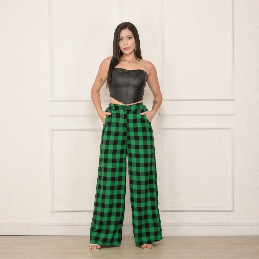 Calça Xadrez Pantalona Feminina - Inverno 2024 - Com Bolso - Elastico Atras - Tecido Duna Estampado
