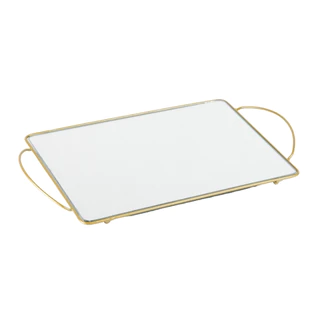 Bandeja Decorativa Dourada de Metal com Alça e Base de Espelho 20x30cm para Organização de Ambientes