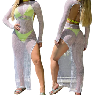 Vestido Manga Longa Saída De Praia De Arrastão Corte Aberto
