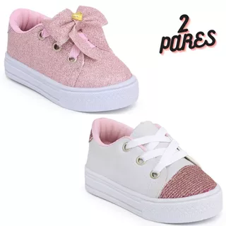 2 Tênis Infantil Casual fashion brilho laço feminino meninas estilosas