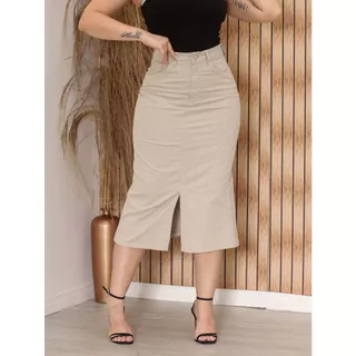 Saia Midi Jeans Brim Com Fenda Abertura Frontal Bege