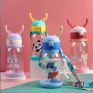 Garrafa De Alce Água Infantil Criança Portátil Com Canudo Desenho Multicolorido -LU-1