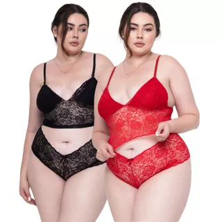Kit 2 Conjunto Renda Espera Marido Sensual Plus-size Moda Íntima