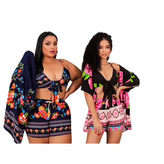 Biquini + Kimono+Short Plus Size Feminino Saida De Praia Novidade