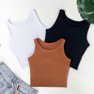 Kit 3 Cropped Feminino Regata Top Liso Básico Suplex Forro Duplo