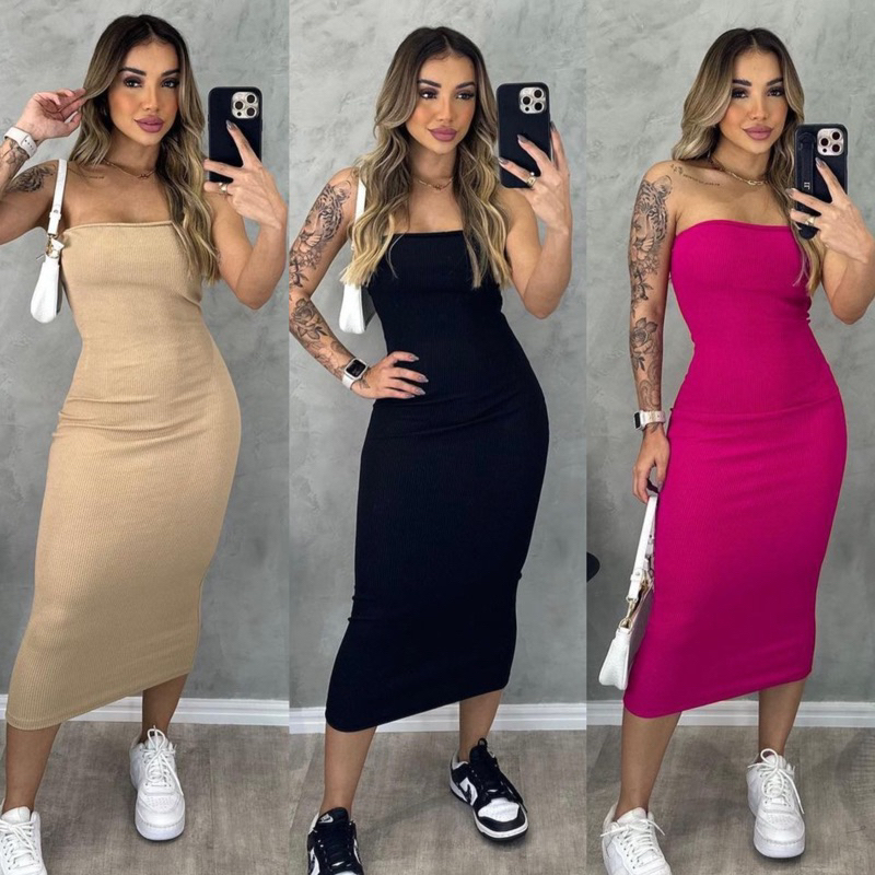 Vestido Midi tomara que caia com fenda