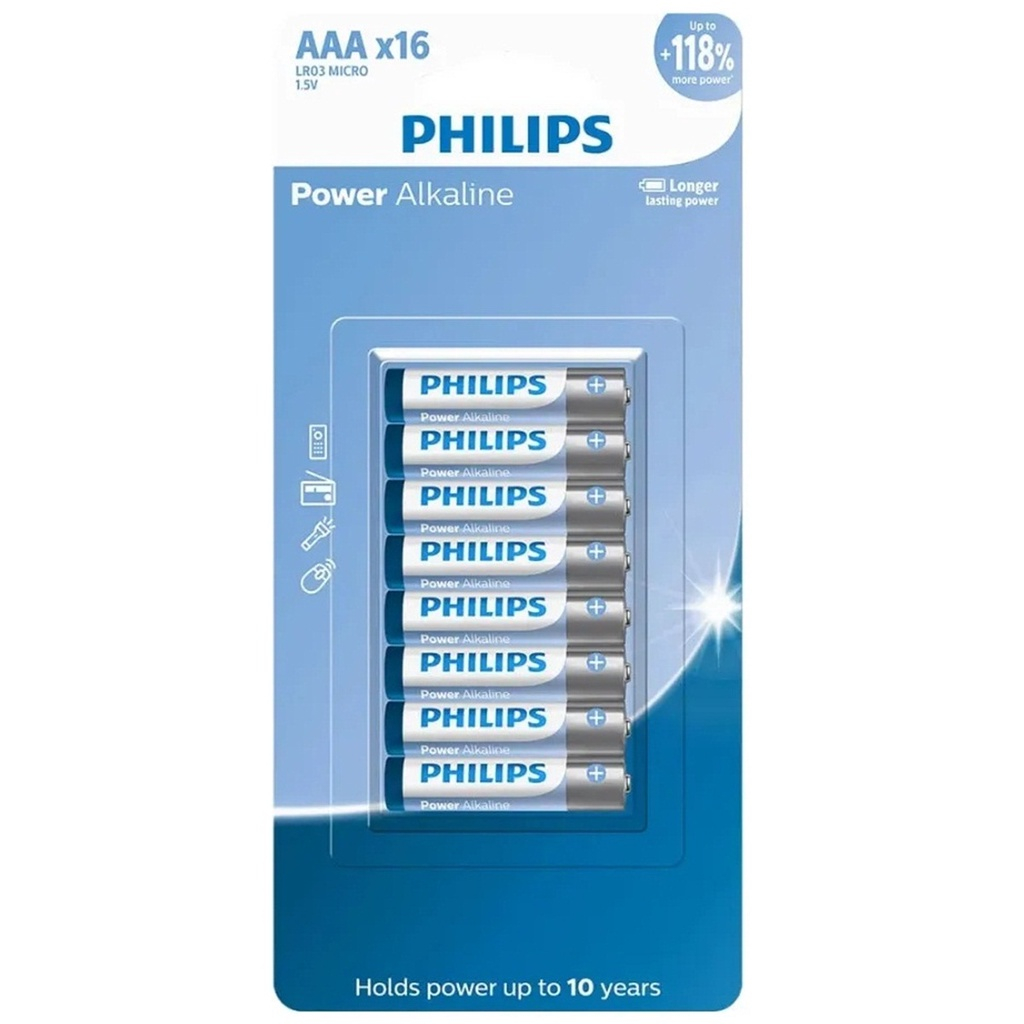 16 Pilhas Philips AAA Alcalinas - Perfeitas para Controles, Lanternas e ...