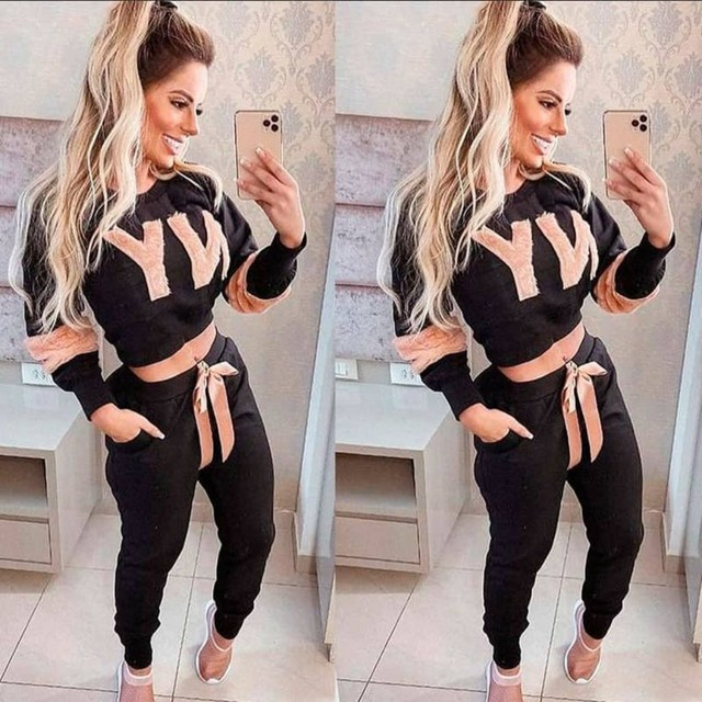 Conjunto ny rose Moletom feminino luxo blogueira frio inverno manga longa e calça