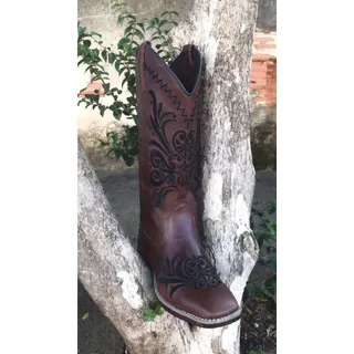 Bota Texana Country Feminina Em Couro Legitimo Bordado Trib Bronw