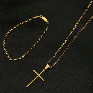 Colar Corrente Masculina Grumet Dourada Pingente Cruz Unissex + Pulseira Tijolinho Aço Inoxidável