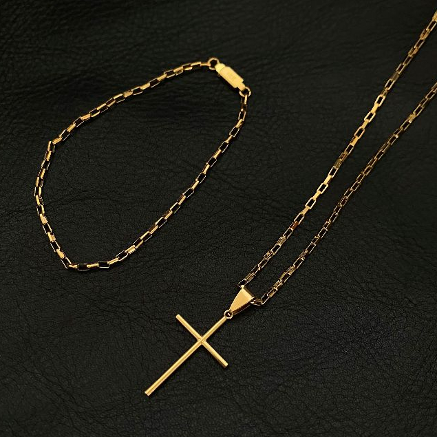 Colar masculino com pingente de cruz palito banhado a ouro Aço inoxidável 18k cordão em estilo cartier