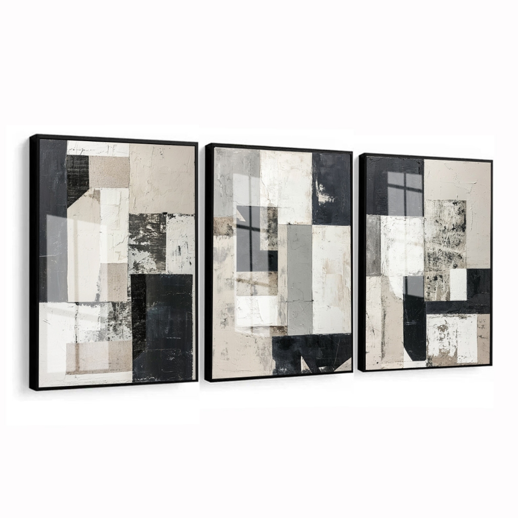 Trio de Quadro Decorativo com Vidro Abstrato Moderno Sala Hall