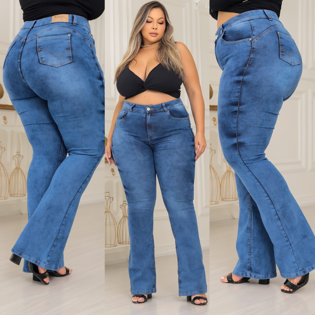 Calça Jeans Flare Plus Size Cintura Alta Lavagem Última Moda