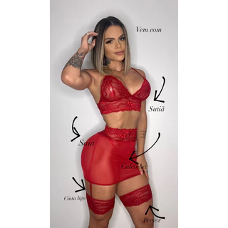 Conjunto Trio Sensual Sexy de Tule Renda Sainha de Renda Sutiã Sem Bojo Cinta Liga e Persex