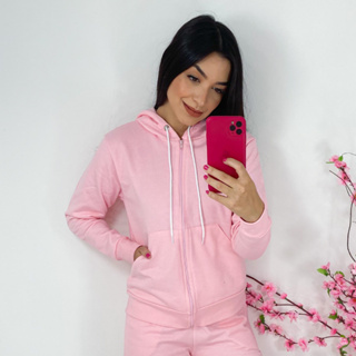 Blusa de Frio Feminina Moletom Com Ziper e Capus Ajustavel Casual Inverno