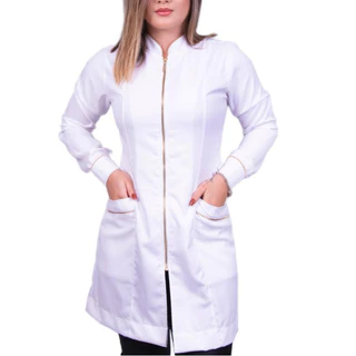 Jaleco Zíper Gabardine Detalhes Dourado Super Acinturado