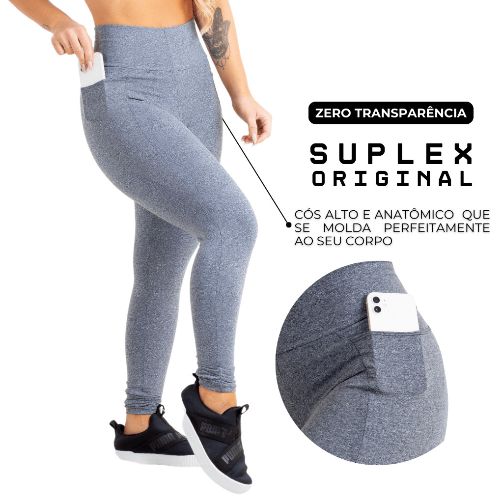 Promoção Calça Legging Fitness Cinza Mescla Básica Com Bolso Cintura Alta Ginástica Não Fica Transparente