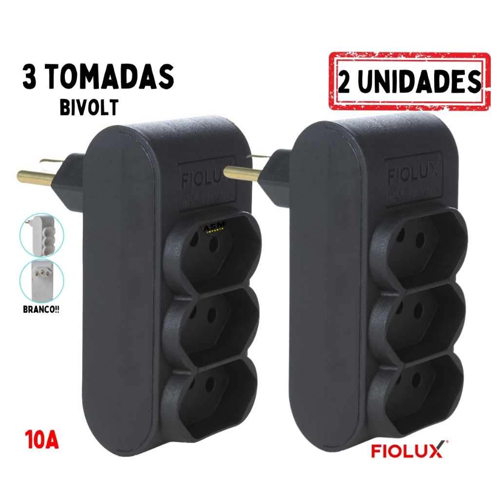 2 Multiplicador de tomadas Bivolt Adaptador de Tomadas 3 pinos preto e branco fiolux