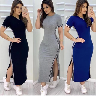 Vestido Longo Canelado com Faixas e Fenda Lateral Tendência