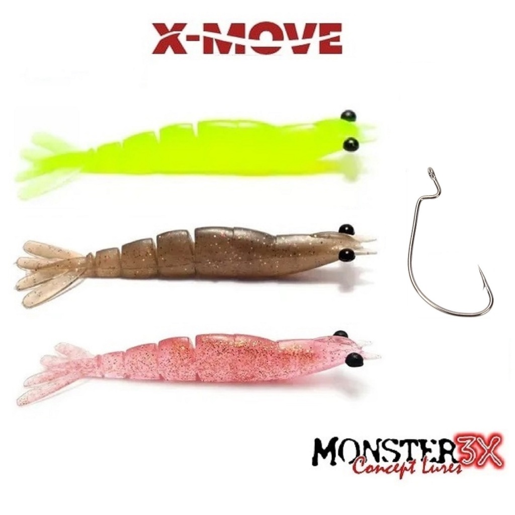 Isca Monster 3x Camarão X-MOVE 9cm 3 Unidades + Anzol Offset