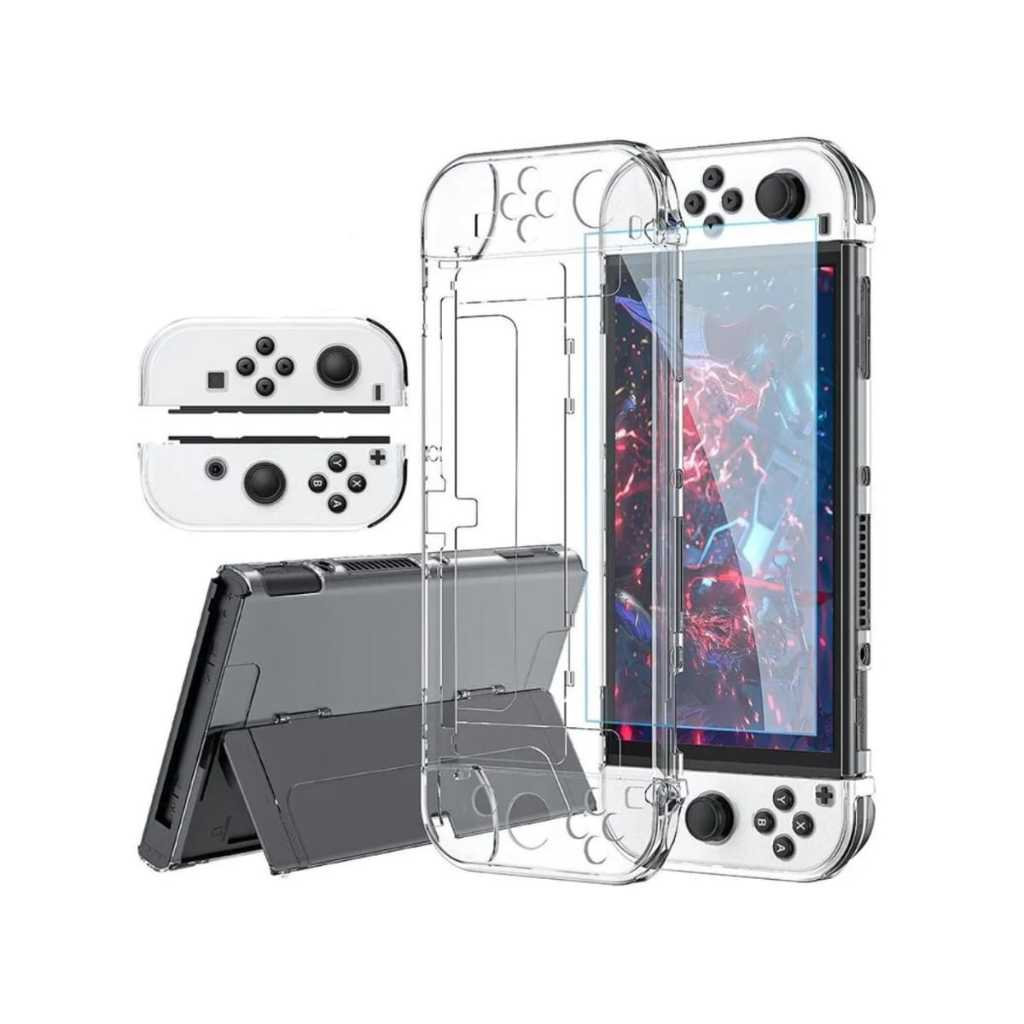 Capa de Acrílico Proteção Transparente Para Nintendo Switch Oled + Película de Vidro para Tela