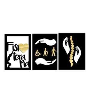 quadro 3 pçs 5x7 fisioterapia black gold coração